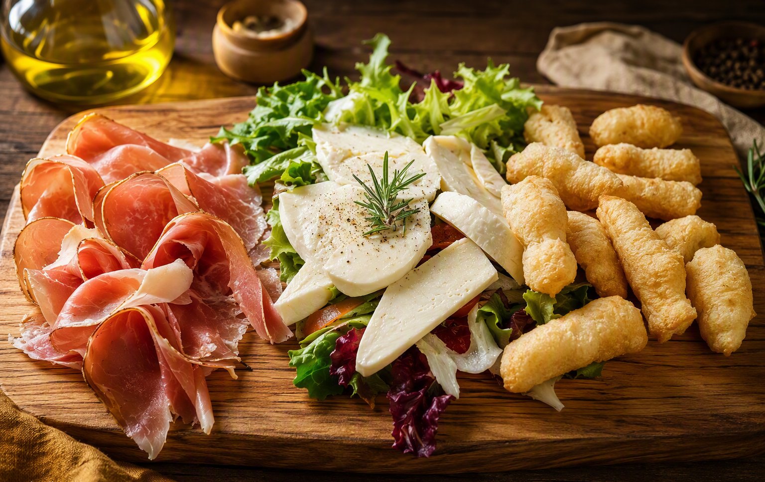 Tagliere toscano con prosciutto, mozzarella e gnocco fritto
