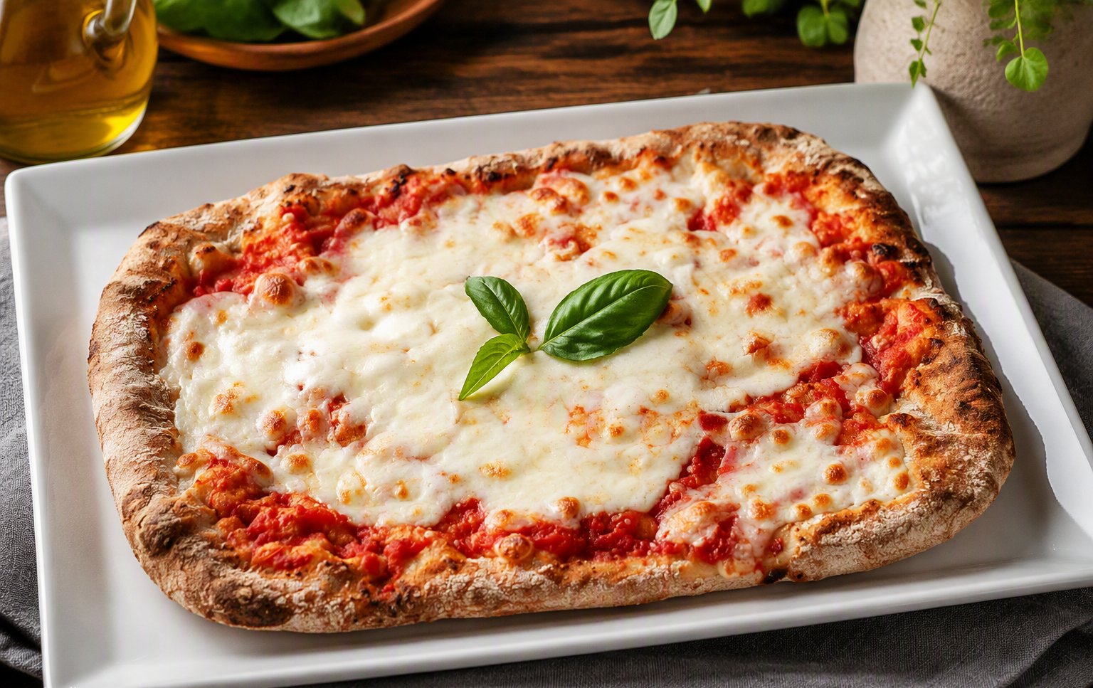 Pinsa margherita nel tagliere di legno